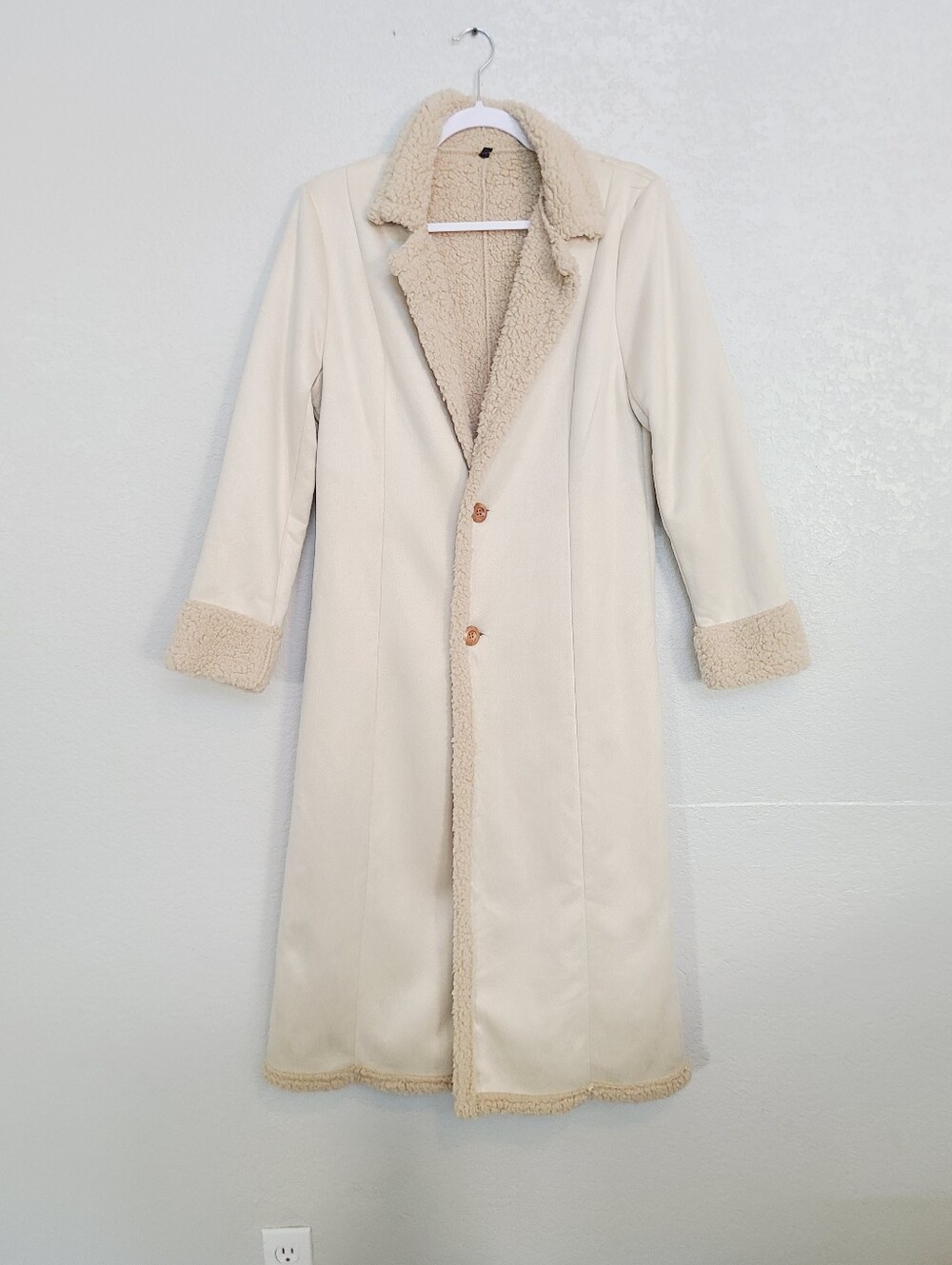 Vintage Cream Faux-Shearling Fur Trim Long Penny Lane Coat Trench OverCoat